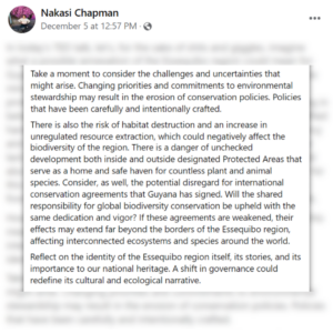 A Facebook Post by Nakasi Chapman sharing her views on the potential impacts of the Guyana-Venezuela border dispute on biodiversity of the region.
